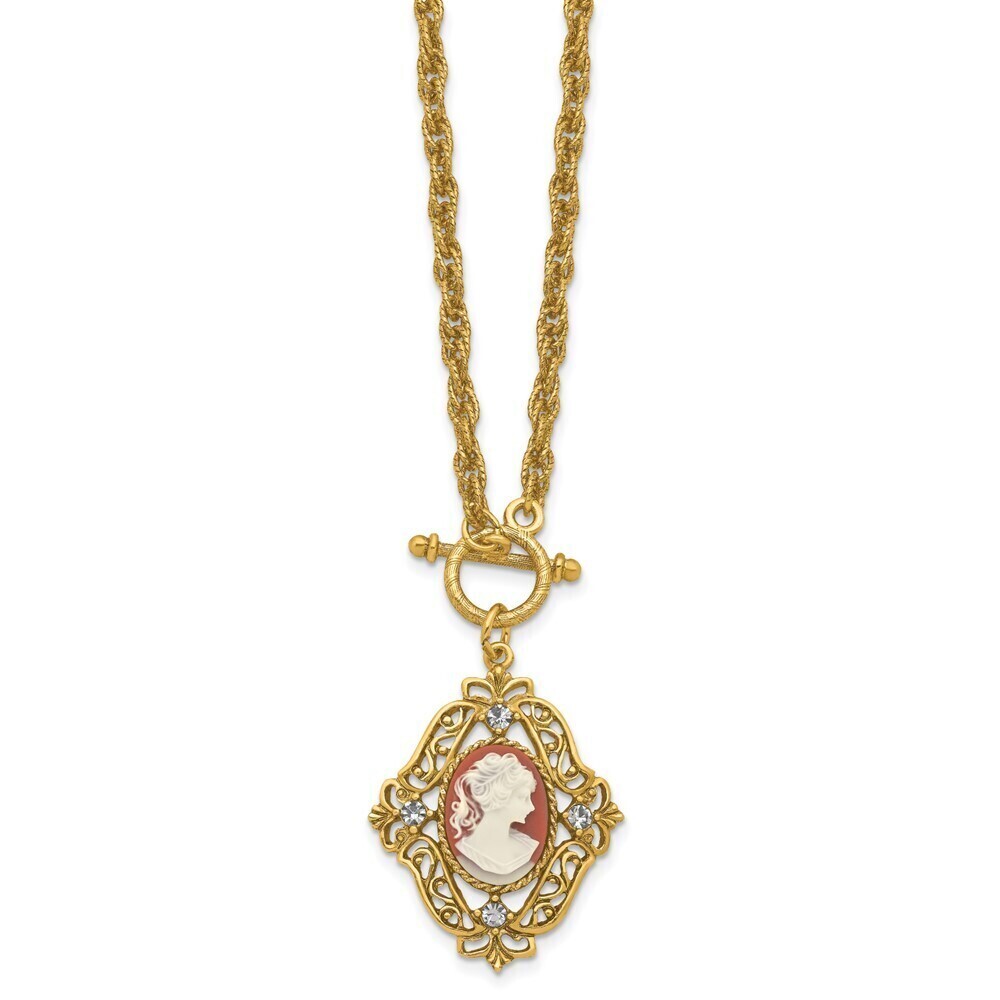 Filigree, Crystal, Imitation Carnelian w Ivory Colored Lady Cameo 18" Necklace
